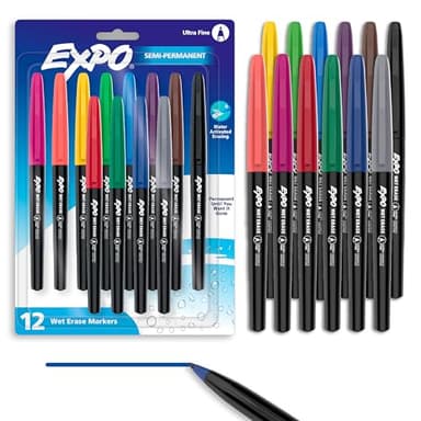 EXPO Wet Erase Markers, Semi-Permanent, Assorted Colors, Ultra Fine Tip, 12 Count - For Writing on Glass, Whiteboards, Mirrors, Calendar, Labeling, Organizing
