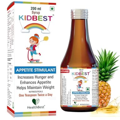 HealthBest Kidbest Appetite Booster for Kids 3-13 Yrs with L-Lysine & B Vitamins Syrup, Helps Healthy Weight Gain, Pineapple Flavor, Increases Hunger, Appetite Stimulant, 200ml