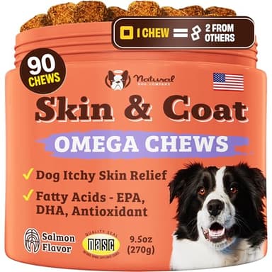 Natural Dog Company Skin & Coat Supplement for Dogs – Omega 3 Salmon Oil, Biotin & Vitamin E Support Shiny Coat, Healthy Skin & Normal Shedding, Promotes Comfort from Occasional Itch, 90 Count