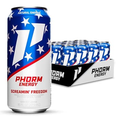 Phorm Energy Drink, Screamin’ Freedom, Rocket Pop Flavor, Sugar Free, 200 mg Natural Caffeine From Green Tea, Electrolytes and Vitamin B12, Gluten Free, Vegan, 16 FL Oz, Pack of 12