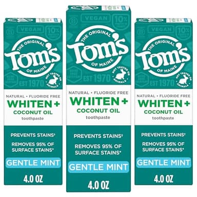 Tom’s of Maine Whiten Plus Coconut Oil Fluoride Free Toothpaste, Natural Whitening Toothpaste with Plant-Based Cleansers, Whitens Without Causing Sensitivity, Gentle Mint, 4.0 Oz (Pack of 3)