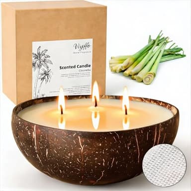 Viyffo Large 18oz Citronella Candles Outdoor, 3 Wick Soy Citronella Candle in Natural Coconut Shell Jar, Outdoor Candle for Patio, Backyard, Garden, Deck & Camping, Rustic Patio Decor Gift