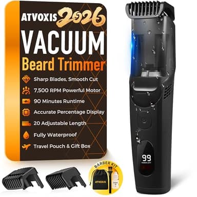 ATVOXIS Vacuum Beard Trimmer for Men Rechargeable, IPX6 Waterproof Mustache Trimmer with Adjustable Length Combs (1/25’’-4/5’’), Men’s Electric Stubble Trimmer, Cordless with Built-in Vacuum (Black)
