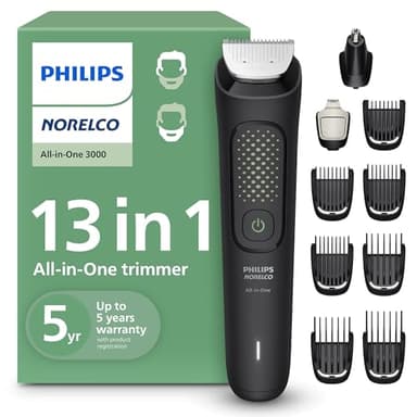 Philips Norelco All-in-One 3000 Series 13 in 1 Trimmer for Men, Beard Trimmer & Head Hair Clipper, Full Metal Self-Sharpening Blades & 8 Length Settings, MG3939/50