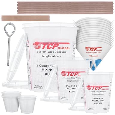 TCP Global Complete Paint Mixing Kit - 12 Cups with Lids, Mixing Sticks, Paddles, Strainers - Epoxy Resin Measuring Cups, Plastic Paint Cup Containers for Automotive & Art Projects