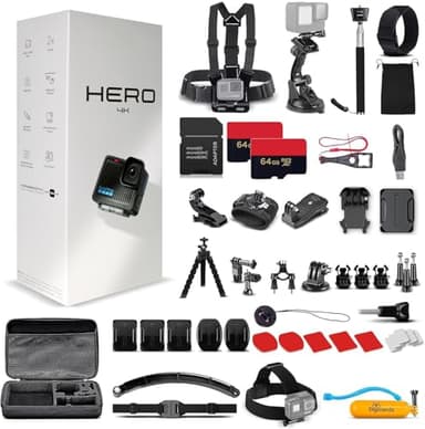 GoPro Hero (Go Pro Hero) Black Compact - Waterproof Action Camera with 4K Ultra HD Video, 12MP Photos + 50-in-1 Accessory Kit + 2 X 64GB Card + More