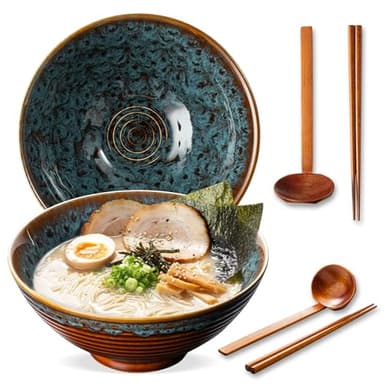 ArtifexCeram 8 Inch Ceramic Ramen Bowl Set of 2, 40oz Japanese Bowls with Spoons & Chopsticks,Durable,Microwave & Dishwasher Safe,Perfect for Ramen,Pho,Salad,Soup,Noodles，Mixing bowls（Verdigris Green）