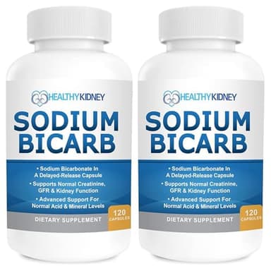 Sodium Bicarbonate 650mg Capsules Delayed Release for Supporting Normal Kidney Function & Kidney Supplement. Sodium Bicarbonate for Acid Relief, Alkalinity 120 Pills 2-Pack
