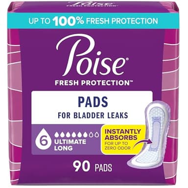 Poise Incontinence & Postpartum Pads for Bladder Leaks, 6 Drop Ultimate Absorbency, Long Length, 90 Count, Packaging May Vary