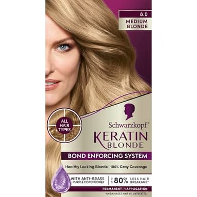 Schwarzkopf Keratin Blonde Hair Dye, 8.0 Medium Blonde, Professional Quality Permanent Hair Color, Bond Enforcing System, Pre-Color Serum & Purple Conditioner Included