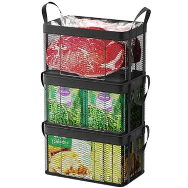 iSPECLE Freezer Organizer Bins - 3 Pack Large Stackable Deep Freezer Organizer Bins for 5 to 7 Cu.Ft Chest Freezers Easy Get Foods without Digging, Faster Freezing Better Freshness, Black