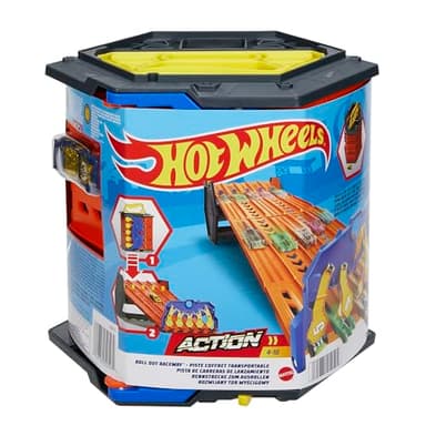Hot Wheels Track Builder Action, Roll Out Raceway, Track Set with 5 Lane Racetrack and Toy Storage Bucket, Includes 1 Toy Car, Toys for Ages 4 to 10, One Pack, HGK41