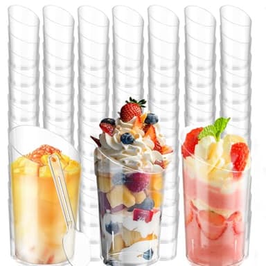 Tobeelec 100 Pack Mini Dessert Cups with Spoons Small Plastic 3 oz Slanted Round Shooter Disposable Clear Plastic Parfait Appetizer Cup for Tasting Sample Appetizers