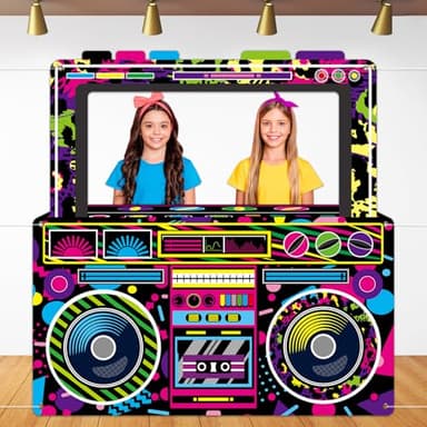 Radio Boombox Photo Booth Props for 80s 90s Party Decorations 59 X 59 Inch, Neon Radio Boombox Selfie Frame Backdrop Hanging Banner Party Supplies for 90s Boys Girls Hip Hop Music Theme Birthday Decor