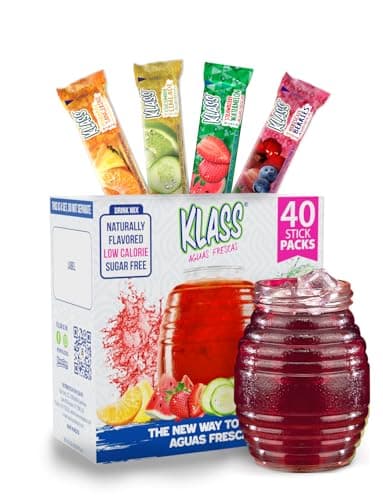 Klass Aguas Frescas, Powdered Drink Mix Variety Pack, 40 Singles Zero Sugar & Caffeine-Free Powder Packets, Water Drink Mix, Flavors: Cucumber Limeade, Strawberry Watermelon, Hibiscus Berries & Pineapple Tangerine - 5 Calories Per Packet & Natural Flavors