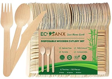 ECOSANX® 120 PCs Disposable Wooden Cutlery set 6.5" Splinter Free Compostable Utensils for party, Eco-Friendly, 100% All-Natural Bamboo Utensils set for picnic, Bamboo cutlery set for Events & More