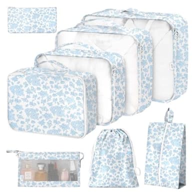 8 Set Packing Cubes for Suitcases,Packing Cube with Shoe, Cosmetics, Clothing, and Accessories Bags Packing Cubes for Travel Luggage Organizer Women Men(Blue Flowers)