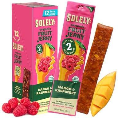 SOLELY - Organic Mango Raspberry Fruit Jerky - 12 Individually Wrapped Fruit Strips - Fruit Leather - Healthy Snacks for Adults & Kids - Non GMO, Vegan Snacks - 0.8oz (23g)