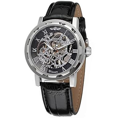 Men's Fashion Mechanical Wristwatch Transparent Dial with Skeleton Design Leather Band Automatic Manual-Winding Watch