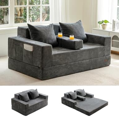 MAXYOYO Loveseat Sofa Bed, 64" Foldable Floor Sofa Couch in A Box with 2 Cup Holders, 4 in 1 Convertible Boneless Couch Folding Recliner Sleeper Chair for Living Room, No Assembly Required, Dark Grey