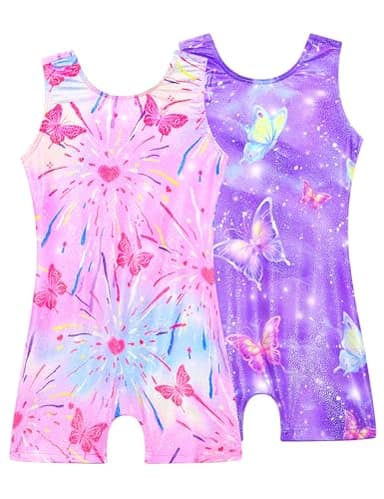 Tziharora Girls Gymnastics Leotards Size 3t 4t Shiny Pink Tank Unitards Stretchy Purple Butterfly Sleeveless Biketards 2 Pack