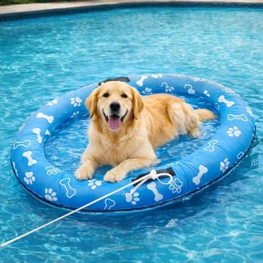 Inflatable Dog Pool Float with Rope, 53x36 Inch Oval Lake Floatie Raft for Large Medium Small Dogs Up to 80lb, Puppy Doggies Swimming Floaty Boat, Pet Summer Floating Mat Blue