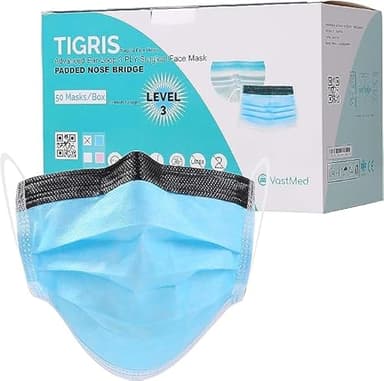 50PCs Tigris Antifog Foam Blue Face Mask by VASTMED | 3Ply Level-3 Mask Breathable Individually Packed Indoor & Outdoor Use
