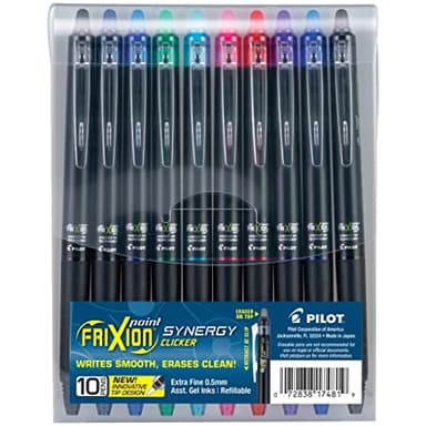 Pilot FriXion Synergy Clicker Erasable, Refillable, Retractable Gel Ink Pens, Extra Fine Point 0.5 mm, Pack of 10, Assorted Colors, FriXion Erasable Pens 0.5 - Ideal for School & Office Writing