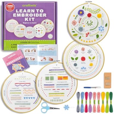 Craftwiz 4-Piece Starter Embroidery Kit for Beginners and Expert with Simple Patterns, Learn 29 Stitches with Hand Embroidery Kit