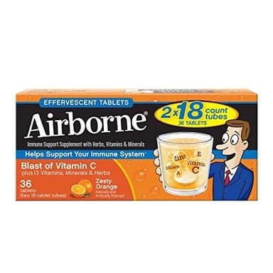 Vitamin C 1000mg (per serving) - Airborne Zesty Orange Effervescent Tablets (36 count in a box), Gluten-Free Immune Support Supplement and High in Antioxidants