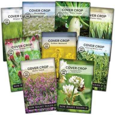 Sow Right Seeds - Cover Crop Collection for Planting - 9 Packets of Popular and Hardy Cover Crops - Suppresses Weeds, Improves Soil, Helps with Erosion - Non-GMO Heirloom Packet to Grow - Great Gift