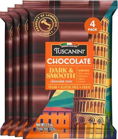 Tuscanini Italian Chocolate Bar, Dark & Smooth, 3.5oz (4 Pack) | Imported from Italy | Vegan, Gluten Free | Dairy Free | Rich Dark Chocolate with Hazelnut & Vanilla | Gourmet European Chocolate