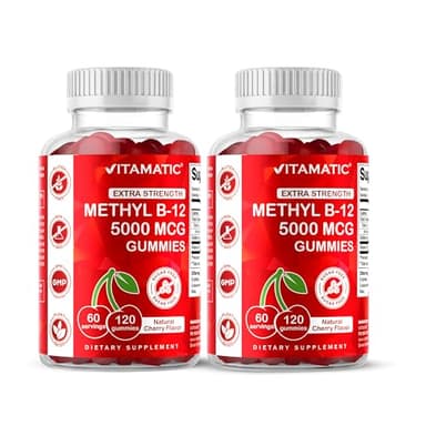 Vitamatic 2 Packs Extra Strength Vitamin B12 5000 mcg (Methyl B12) Gummies - 120 Count - Energy Metabolism Support and Nervous System Health Support, Natural Cherry Flavored