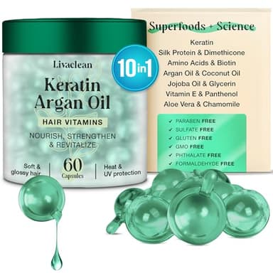 LivaClean 60 CT Hair Serum Capsules for Frizzy, Damaged Hair | Vitaminas para el Cabello | Keratin & Argan Oil with Biotin, Vitamins E, B5, B7, Jojoba Oil | Shine Boost & Split End Repair