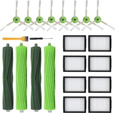Replacement Parts for iRobot Roomba i7 i7+ i3 i3+ i4 i4+ i6 i6+ i8 i8+ E5 E6 E7 &J7 J7+ Vacuum Cleaner, 2 Set Rubber Brushes, 8 HEPA Filters, 8 Side Brushes, 1 Clean Brush, 1 Screwdriver, 22 Pack