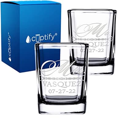 Personalized Mr and Mrs Shot Glasses Custom Engraved for Couples, Wife and Husband, Fiance and Fiancee, Bride and Groom at Wedding Party, Anniversary and Engagements