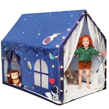 Kids Space Tent Indoor Playhouse-with Star Light, Padded Mat, Extra Large Bedroom Play Tent, Double Curtain, Two Door Access for Toddler Boys, Astronaut Spaceship Kids Tent Toys