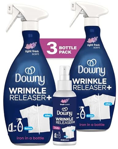 Downy Wrinkle Releaser Spray, Travel Size Spray + 16.9 Fl Oz Pack of 2, All In One Formula, Removes Wrinkles, Static and Odors, Light Fresh Scent