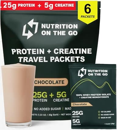 Nutrition On The Go Whey Protein Isolate Packets with Creatine – 25g Protein + 5g Creatine – Single-Serve Travel Protein Powder – Chocolate (6-Pack)