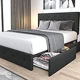 Allewie Upholstered Full Size Platform Bed Frame with 4 Storage Drawers and Headboard, Diamond Stitched Button Tufted, Mattress Foundation with Wooden Slats Support, No Box Spring Needed, Dark Grey
