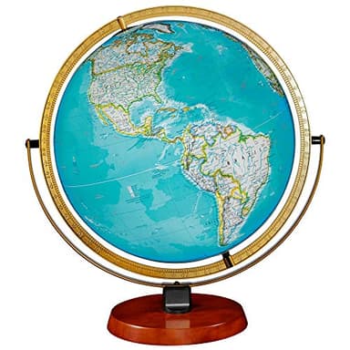 Nicollet Illuminated 16" Diameter National Geographic Cartography, with Mountain Relief, Blue Ocean Globe Ball and Walnut Finished Hard Wood Base. The Nicollet features a medium teak hardwood base with steel yoke and die-cast meridian. This sturdy illuminated globe is perfect for the office, classroom and home. Thousands of place names are complemented with raised relief topographic features. Made in the U.S.A.