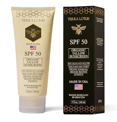 Organic Tallow Sunscreen - 50 SPF - For Face and Body - With 100% Grass-Fed Tallow and Non-Nano Zinc Oxide Reef Safe - (5 Oz)