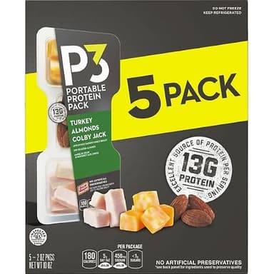 P3 Portable Protein Snack Pack with Turkey, Almonds & Colby Jack Cheese, 5 ct Box, 2 oz Trays