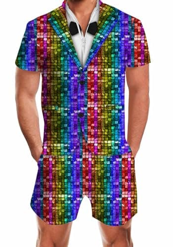 RAISEVERN 70s Disco for Men Rompers 80s Party Outfit Rainbow Bro Shorts One Piece Zipper Jumpsuit with Pockets