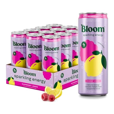 Bloom Nutrition Sparkling Energy Drink for Focus, Natural Caffeine, Zero Sugar, 180mg Caffeine, Antioxidant-Rich with Green Coffee Bean, Green Tea Extract, & Prebiotics, Raspberry Lemon 12oz 12 Pack