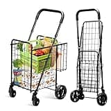 IRONMAX Grocery Shopping Cart, Foldable Heavy Duty Utility Cart w/Adjustable Handle, Extra Basket & 360° Rolling Swivel Wheels, Lightweight Trolley Cart for Grocery Laundry Luggage (Black)