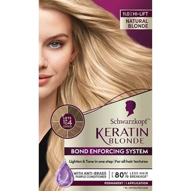 Schwarzkopf Keratin Blonde Hair Dye, 11 High Lift Natural Blonde, Professional Quality Permanent Hair Color, Bond Enforcing System, Pre-Color Serum & Purple Conditioner Included