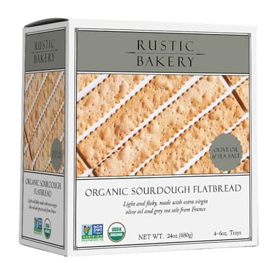 Rustic Bakery Handmade Sourdough Flatbread - Olive Oil & Sel Gris - Sea Salt Charcuterie Crackers - Artisan Crackers for Cheese Platter or Snacking - Made in California - Pack of 4, 6 Oz Trays