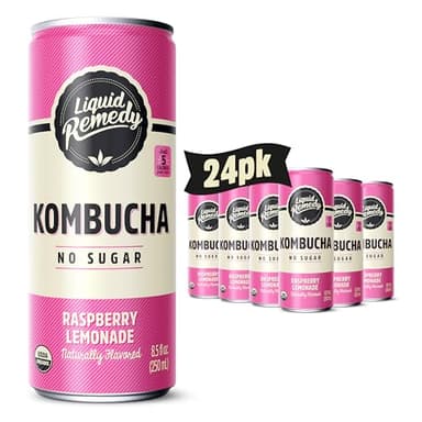 Liquid Remedy Kombucha Sugar Free Organic Drink, Low Calorie, Probiotic Like Tea for Gut Health - Raspberry Lemonade - 8.5 Fl Oz Can, 24-Pack
