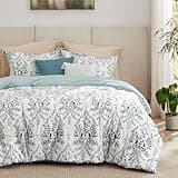 Bedsure Queen Size Comforter Set, 5 Pieces 100% Cotton Bed Set, 200 Thread Count, Soft Blue Reversible Flower Bedding Set with 1 Comforter, 2 Pillowshams, 1 Throw Pillow, 1 Throw Pillowcase